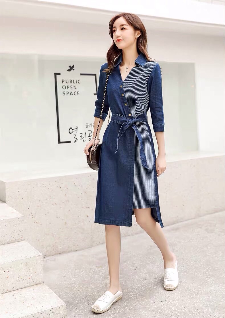 ĐẦM JEAN CỔ SƠ MI PHỐI SỌC 